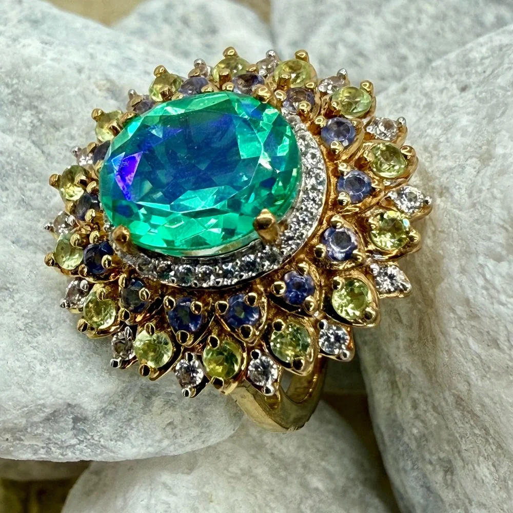 NWT Peacock Quartz Multi-Gem Dahlia Floral Ring Vermeil Gold over 925 4.15ctw